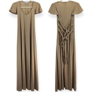 Vintage John Kloss Tan Short Sleeve V-Neck Tie Waist Maxi Dress Size 8